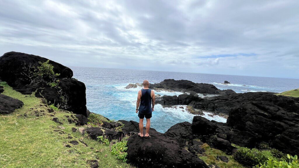 Visitor at Binurong Point cliffs